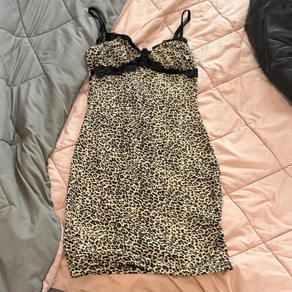 Leopard Print Slip Dress with Black Lace - Picture 1 of 1